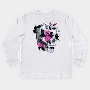 Day of The Dead Skull with Pink Flowers for Women and Men Kids Long Sleeve T-Shirt